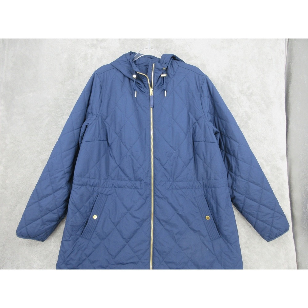 LL Bean Jacket Womens 2X Quilted Hooded Mid Length Pockets Outdoor Full Zip Blue - Picture 3 of 12